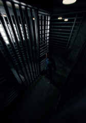 Prisoner in front of his cell in dark cell block. 3D render.