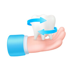 Two arrows blue circulating around tooth in hand doctor. Teeth cleanliness for children dental clinic design. Dental hygiene concept. Icon 3d.