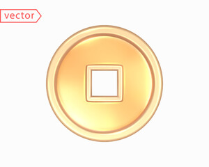 Ancient old gold coin of China with a square hole. Realistic 3D mocap design element. Object isolated on white background. Vector Icon