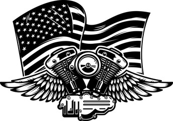Illustration of twin engine with wings on american flag background. Design element for poster, card, banner, sign, emblem. Vector illustration