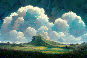 Mountain, Grass, Valley and Plain. Fantasy Backdrop. Concept Art. Realistic Illustration. Video Game Background. Digital Painting. CG Artwork. Scenery Artwork. Serious Painting. Book Illustration.
