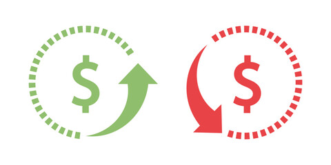 Cost rise up icon. Money rotation. Dollar up and down sign. Currency exchange.  Arrow icon. Vector element isolated.