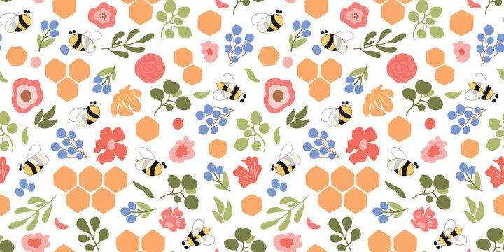 Floral honeycomb pattern. Bee honey pattern Bee seamless pattern. Cute hand drawn summer meadow flowers bee honeycomb background. Hand drawn honey template. Vector illustration. Floral bee print.