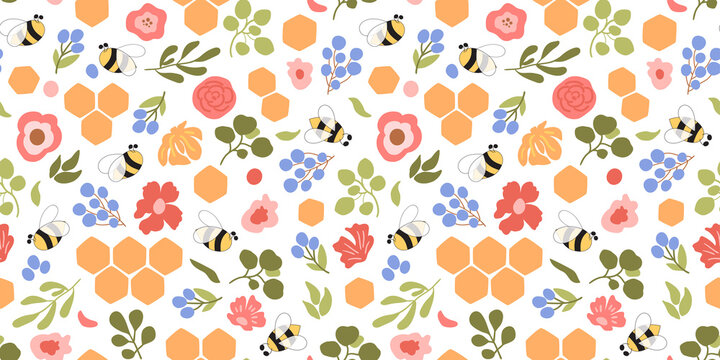 Floral honeycomb pattern. Bee honey pattern Bee seamless pattern. Cute hand drawn summer meadow flowers bee honeycomb background. Hand drawn honey template. Wild illustration. Floral bee print.