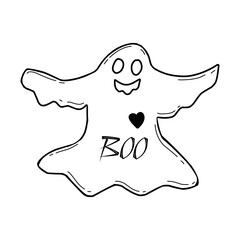Cute cartoon ghost in doodle style. Halloween Traditional holiday.