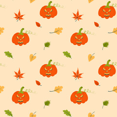 Seamless pattern with halloween pumpkin and autumn leaves. Perfect for wallpaper, gift paper, pattern fills, web page background, autumn greeting cards. Autumn, harvest festival, thanksgiving day, coz