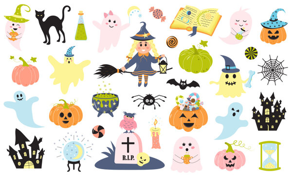 Cute Halloween set with cartoon characters, ghosts, pumpkins and other holiday symbols. Excellent for the design of stickers, postcards, posters, scrapbooking and other. Vector illustration.