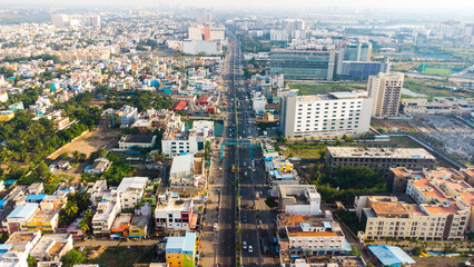 Fototapeta na wymiar Aerial Photography Drone photography of Chennai and the suburbs in Tamil Nadu India; River bed landscape images of villages; Beach aerial view