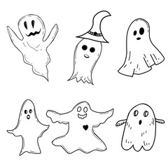 Set of cartoon ghosts in doodle style. Halloween Traditional holiday.