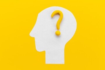 Paper man head with question mark. Solving problem of solution concept