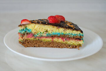 Piece of biscuit cake with multi-colored cream and chocolate icing, decorated with strawberries. Delicious holiday pastries on white plate selective focus