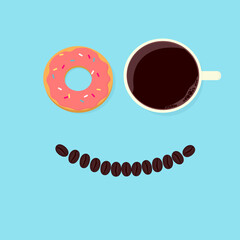 Good morning coffee, a cup of wake up black coffee and sweet tasty donut as eyes with smiling coffee beans on blue background, fresh drinking beverage and dessert bakery breakfast vector illustration.