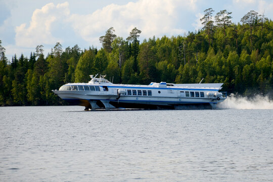 Hydrofoil ship during the transportation of tourists on the island of Valaam. Travel and vacation concept