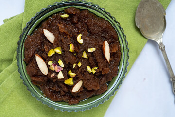 Semolina halwa an Indian sweet dish or dessert made with common-wheat semolina. Also known as sooji halwa. Top view.