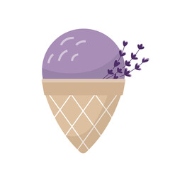 Nice cartoon ice cream with lavender flowers in a flat style isolated on a white background. Vector illustration.