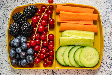 Healthy school lunch box with fresh vegetables and fruits