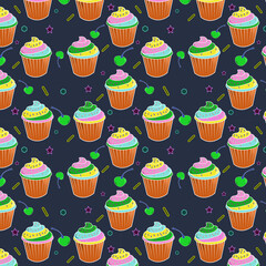 Colorful seamless pattern of tenne  tawny color cupcake with Persian pink titanium yellow, yellow green color wheel   color frosting and topping on space cadet background. textile design, wallpaper.