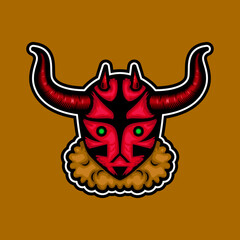 red devil bull illustration. with horn and green eyes. handrawn, mascot, scary, colors and details style. suitable for logo, sports, t shirt, clothing and sign