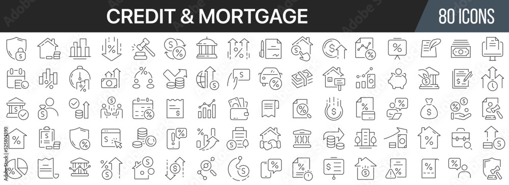 Poster credit and mortgage line icons collection. big ui icon set in a flat design. thin outline icons pack