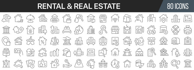 Fototapeta na wymiar Rental and real estate line icons collection. Big UI icon set in a flat design. Thin outline icons pack. Vector illustration EPS10