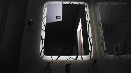 Modern bathroom mirror with light and touch button, close-up