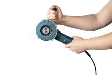 Angle grinder with a petal wheel in the hands of a worker on a white background, isolate.. Sanding wood and metal.