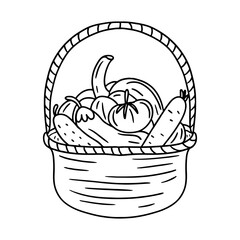 Ripe vegetables in Wicker basket. Vector illustration isolated on white background. Autumn harvest of organic vegetables. Hand drawn. Doodle style.