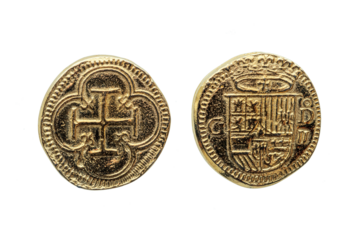 Gold Escudos Coin replica of Philip II (Felipe II) of Spain Crowned Shield Obverse Cross In Quatrefoil Reverse, png stock photo file cut out and isolated on a transparent background