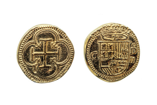 Gold Escudos Coin replica of Philip II (Felipe II) of Spain Crowned Shield Obverse Cross In Quatrefoil Reverse, png stock photo file cut out and isolated on a transparent background