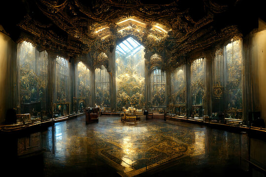 Majestic Palace Hall Interior. Fantasy Backdrop. Concept Art. Realistic Illustration. Video Game Background. Digital Painting. CG Artwork. Scenery Artwork. Serious Painting. Book Illustration
