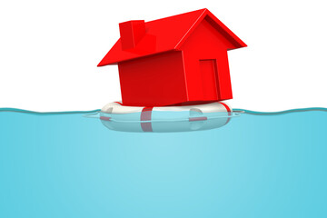 Small house on a lifebuoy for real estate crisis