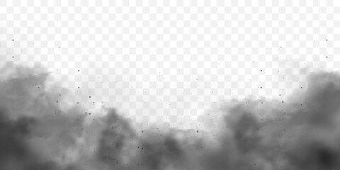Black realistic smoke, dust clouds. Dirty polluted smog or fog with dirt particles. Air pollution, mist effect. Smoke from fire or explosion. Vector illustration