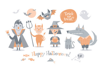  Set of Halloween cartoon characters. Vector illustration