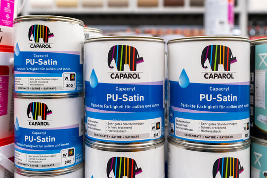 Caparol brand paints on store shelves. Minsk, Belarus, 2022