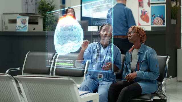 Augmente reality VFX futuristic medical consultation in hospital lobby. Nurse with patient looking at medicine diagnosis in IOT doctor interface, future technology. AR 3D render animation