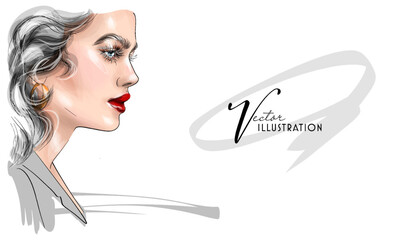 Hand drawn beautiful girl face makeup with pink lips black and white fashion illustration. Elegant model. Young woman portrait sketch. Banner