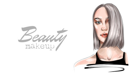 Hand drawn beautiful girl face makeup with pink lips black and white fashion illustration. Elegant model. Young woman portrait sketch. Banner