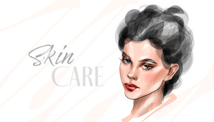  Skin care routine. Fashion woman sketch. Spa beauty concept. Hand drawn vector illustration. 