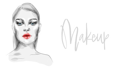 Hand drawn beautiful girl face makeup with pink lips black and white fashion illustration. Elegant model. Young woman portrait sketch. Banner