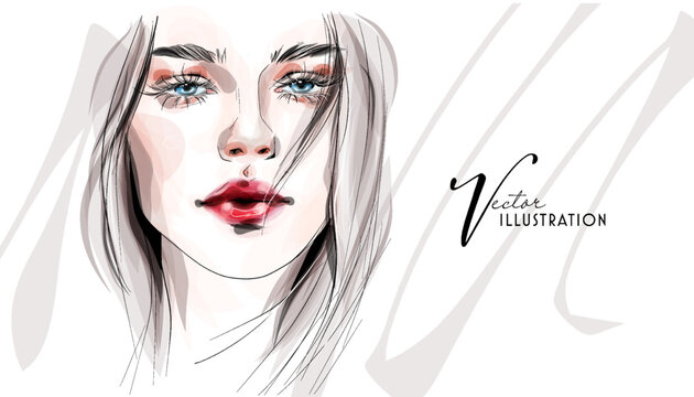 Hand drawn beautiful girl face makeup with pink lips black and white fashion illustration. Elegant model. Young woman portrait sketch. Banner - Powered by Adobe