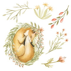 Forest Animals Tiny Flowers Plants Berries Delicate Beige Flowers Rabbit Birds Patterns for Children's Albums of Clothes