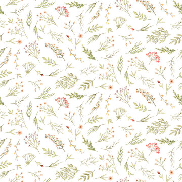 Forest Animals Tiny Flowers Plants Berries Delicate Beige Flowers Rabbit Birds Patterns for Children's Albums of Clothes