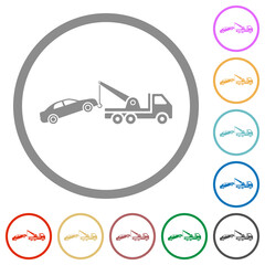 Car towing flat icons with outlines