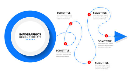 Infographic template. Paper plane with blue line and 5 steps