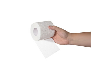 Roll of toilet paper in a man's hand on a white background, isolate. Close-up, hygiene