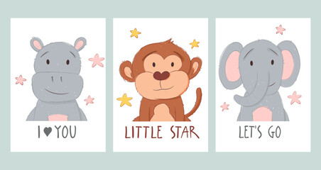 Set of children's posters with cartoon animals and lettering for a kids room or print. Hand drawing in a childish sloppy style. Vector illustration.