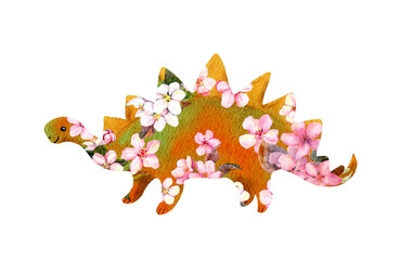 Cute cartoon stegosaurus dinosaur in cherry blossom. Character dino in beautiful pink flowers. Watercolor © zzorik