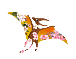 Adorable dinosaur in pink flowers. Floral ornament on cartoon pterodactyl. Childish hand painted dino. Watercolor jurassic pterosaur in spring cherry blossom © zzorik