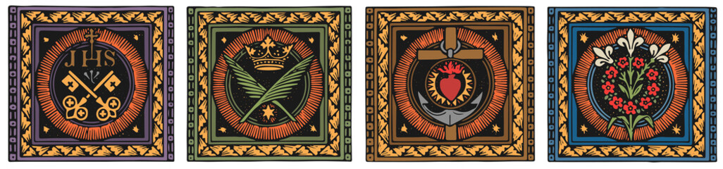 Catholic Symbols vector set of 4, vintage engraving. Catholic symbolism	