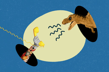 Artwork collage banner of angry dino scream into dial phone cord help line center isolated on painted color background